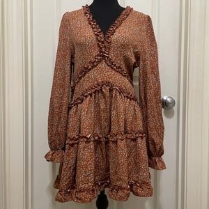 Lulus Ruffle Trim‎ Long Sleeve Mini Dress Ditsy Floral Fall Autumn Cottage Large